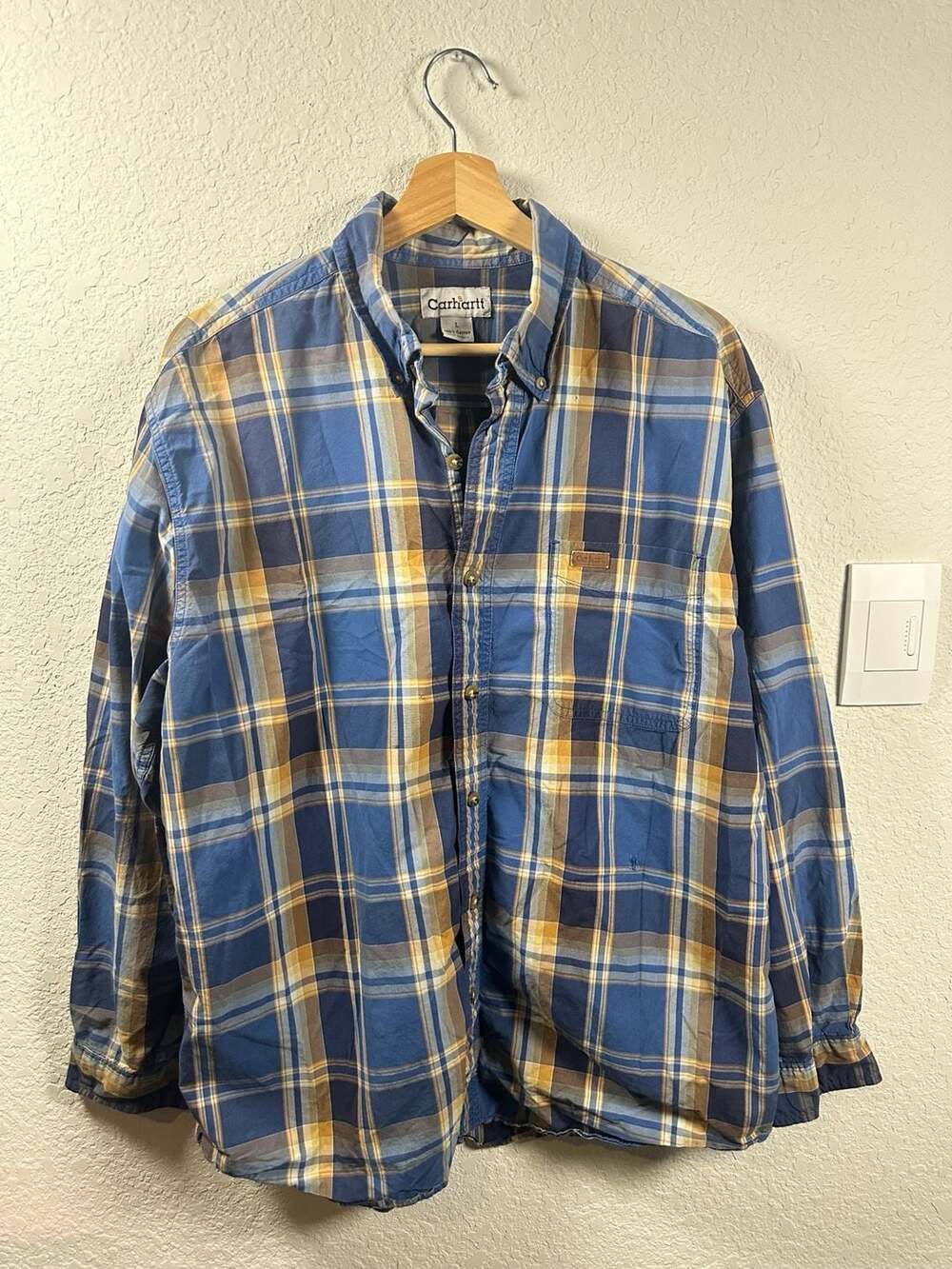 Carhartt Plaid Button Down Shirt Size L Blue Yellow